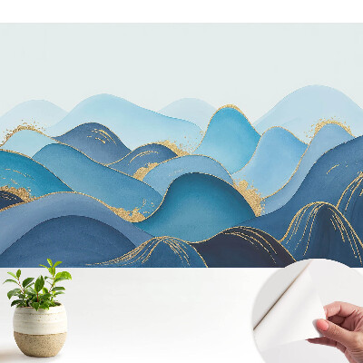 Dekortapéta kék hullámmintával és sárga akcentussal