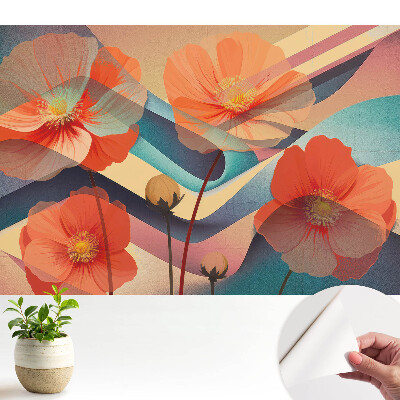 Dekor tapéta narancssárga virágmintával és absztrakt formákkal