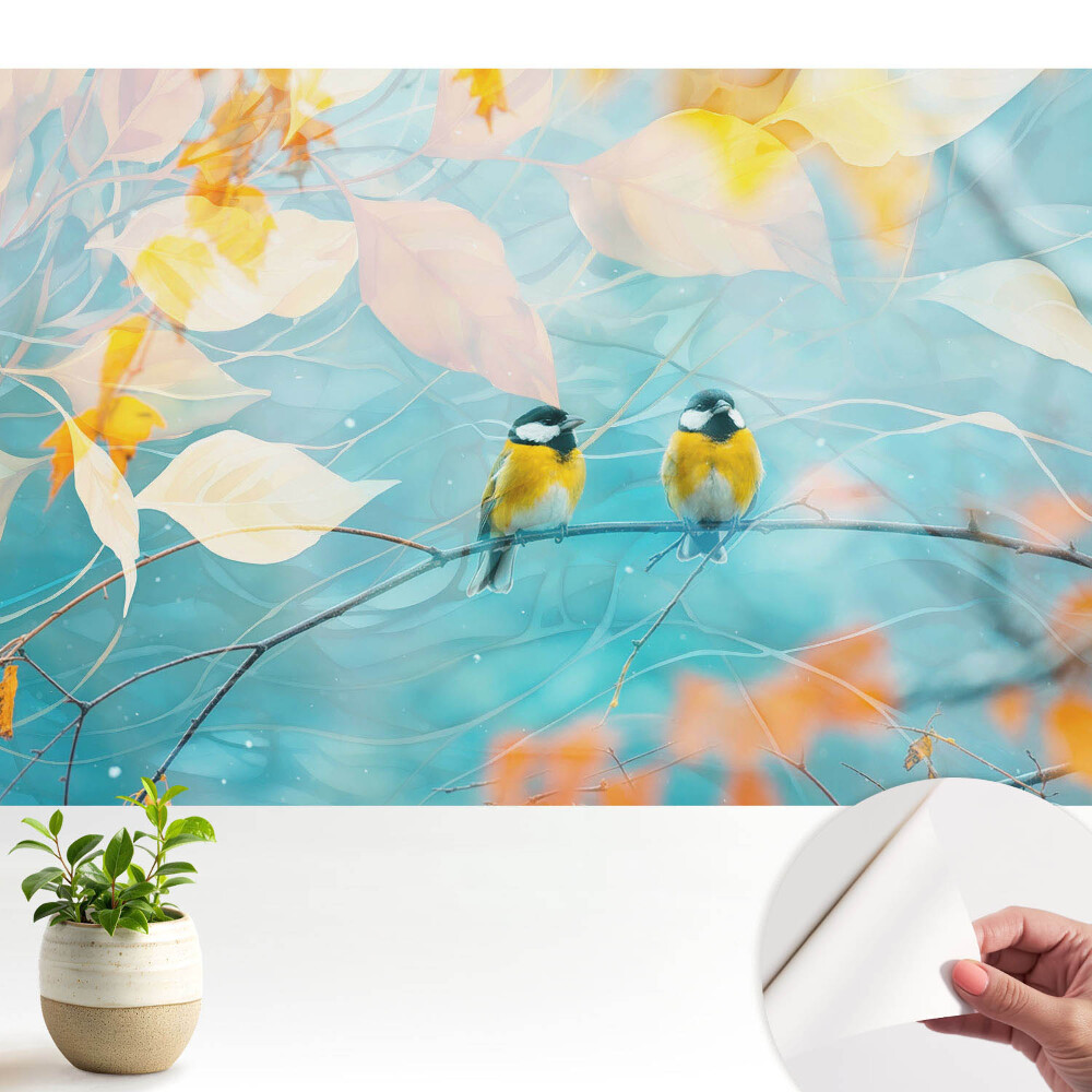 Modern tapéta Madarak egy leveles díszítésű ágon.