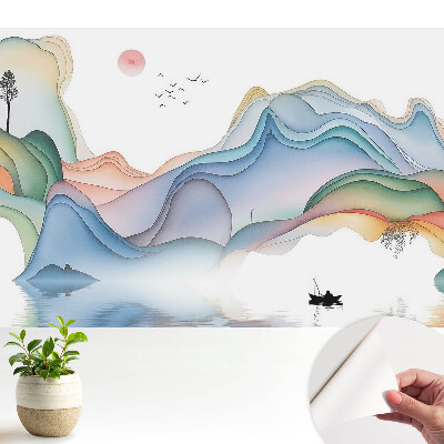Dekor tapéta pasztell tájjal és hullámzó hegyek motívumával