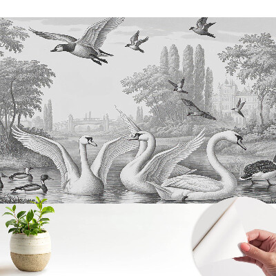 Öntapadó tapéta romantikus tájjal és hattyúkkal
