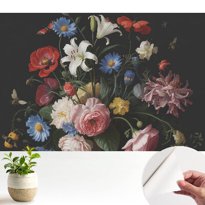 Tapéta klasszikus virágcsokor mintával és rovarokkal