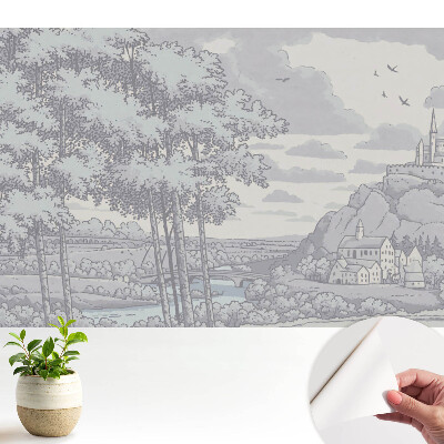 Dekor tapéta várról, erdőről és folyról klasszikus illusztrációval