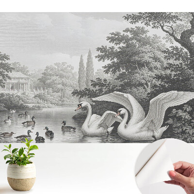 Öntapadós tapéta egy tóval, rajta hattyúkkal és kacsákkal, klasszikus stílusban