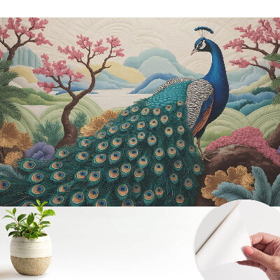 Modern tapéta egzotikus páva pasztell tájképével