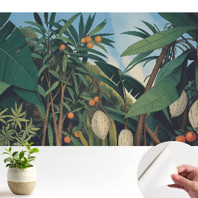 Öntapadós tapéta egzotikus levelekkel és gyümölcsökkel a trópusok hangulatában