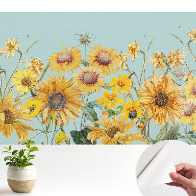 Dekor tapéta rusztikus napraforgó- és virágmintával kéken