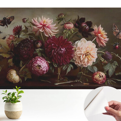 Dekor tapéta virágokkal és pillangókkal díszített klasszikus csokormintával