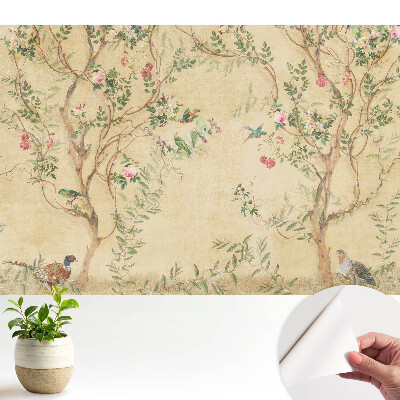 Öntapadós tapéta falra Egy elegáns fa virágokkal és madarakkal