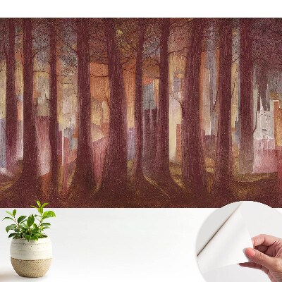 Öntapadó tapéta egy erdővel és absztrakt épületekkel a háttérben