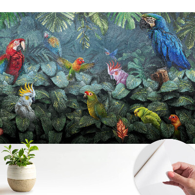 Modern tapéta trópusi papagájok és levelek motívumával
