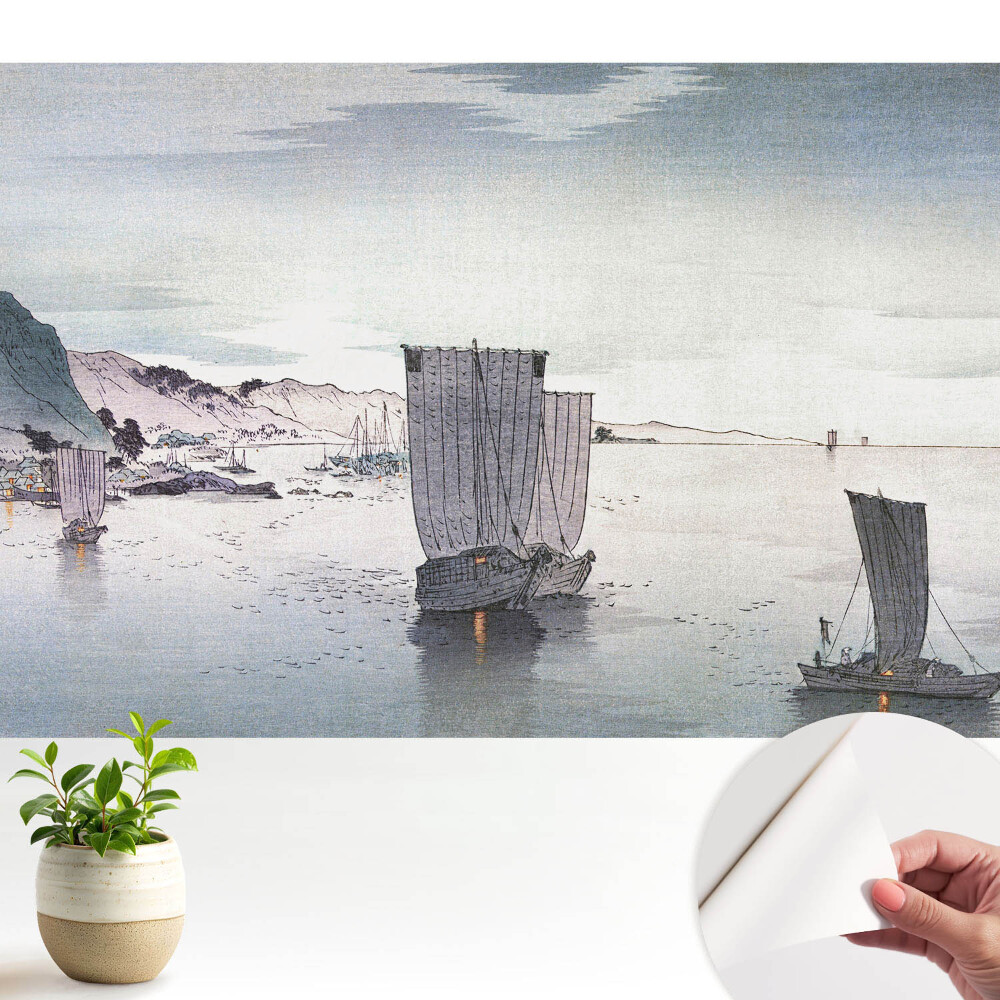 Öntapadós tapéta Vitorlások egy nyugodt vízfelületen a dombok között