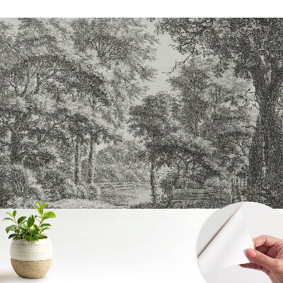 Öntapadó tapéta klasszikus erdei tájjal, harmóniát és békét sugárzó mintával
