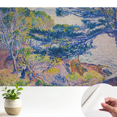 Modern tapéta színes tájjal, békés harmóniát sugárzó