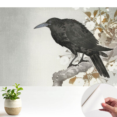 Dekor tapéta finom holló motívummal virágzó ágak hátterében