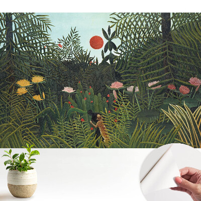 Öntapadós tapéta trópusi dzsungel mintával, vörös árnyalatban, nappalihoz