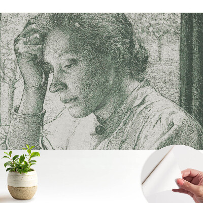 Modern tapéta, amelyen egy gondolatba merült nő portréja látható