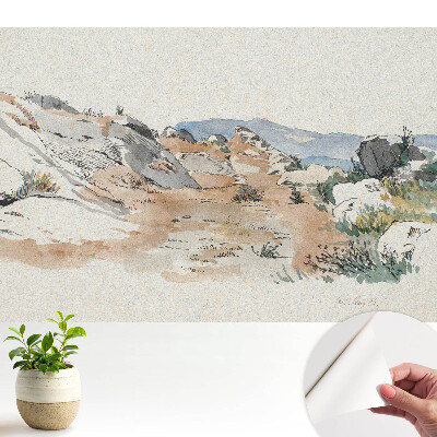Dekortapéta sziklás, békés tájkép finom színekkel