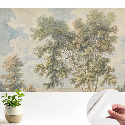 Öntapadó tapéta nyugtató tájjal, fák és égbolt motívummal