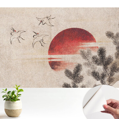 Dekor tapéta Három madár és a nap a tűlevelű fák hátterében