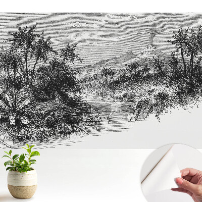 Öntapadó tapéta trópusi metszettel és vulkánmotívummal