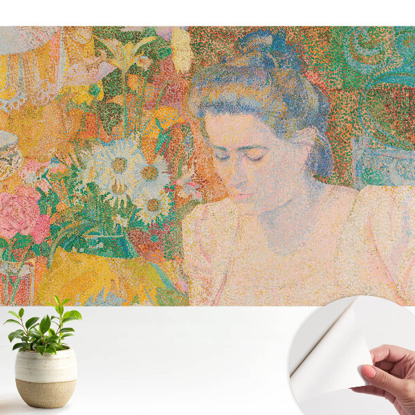 Öntapadós tapéta Egy virágokkal körülvett, gondolkodó nő