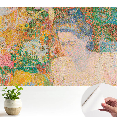 Öntapadós tapéta, amelyen egy virágokkal körülvett, gondolkodó nő látható