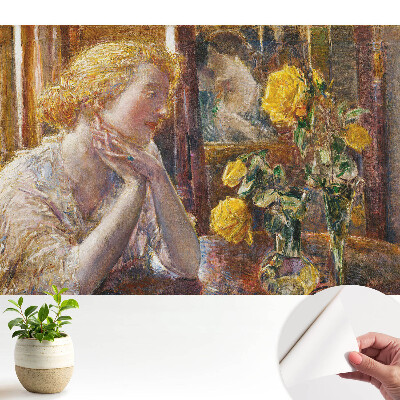 Modern tapéta egy töprengő sziluettel és színes virágokkal