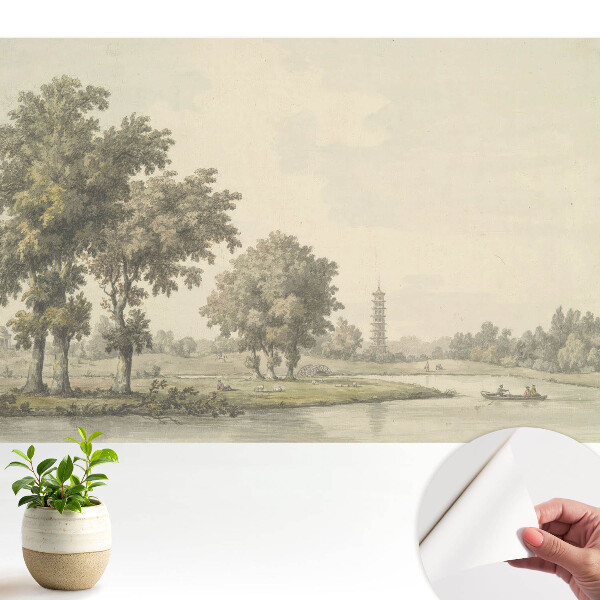 Modern tapéta Festői táj pagodával és tóval