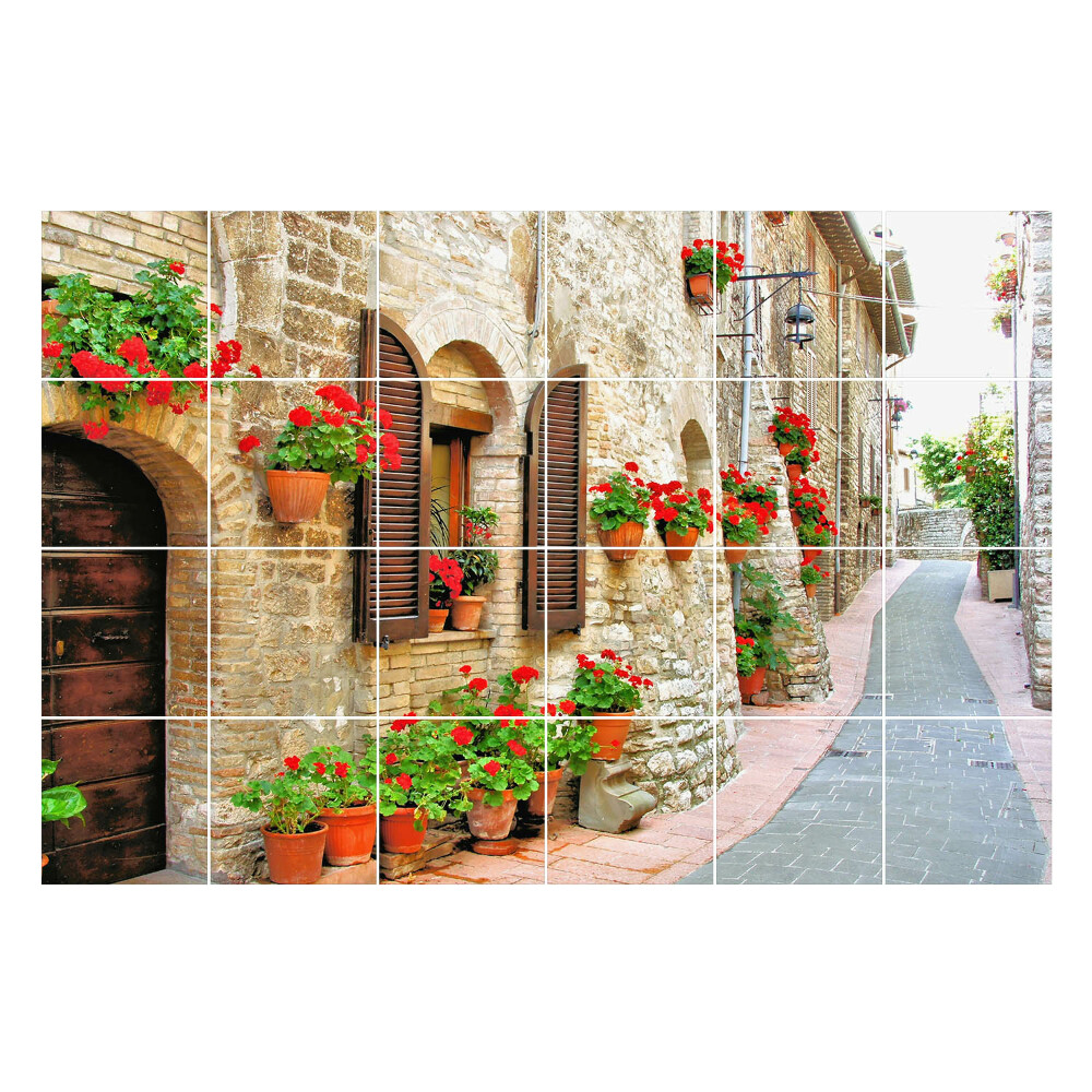 Csempe matrica Egy hangulatos utca virágokkal