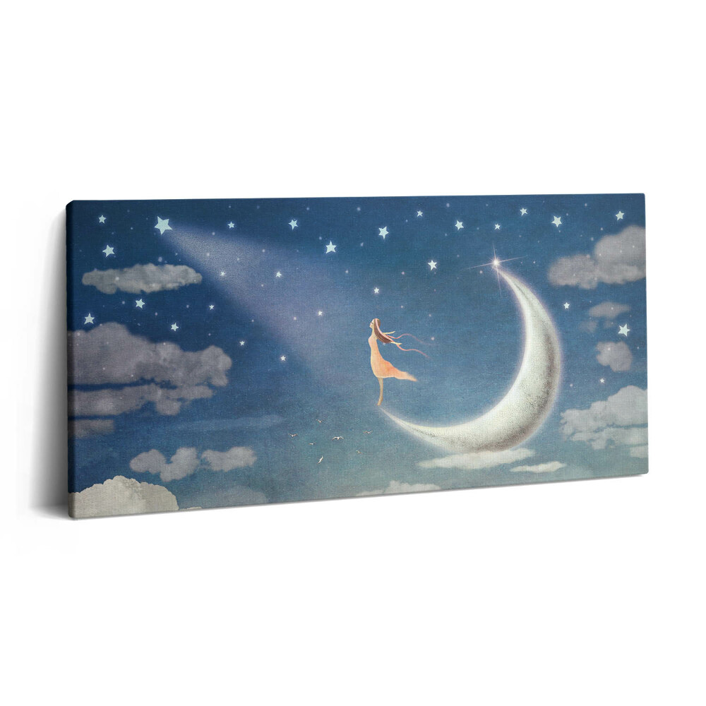 Vászonkép nyomtatás 120x60 Lány a holdon és az éjszakai égbolton