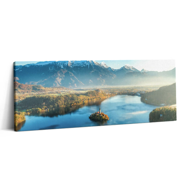 Canvas kép 125x50 Épület a hegyekben lévő tavon