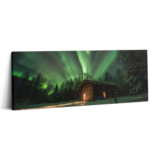 Canvas kép 125x50 Sarki fény és egy ház az erdőben
