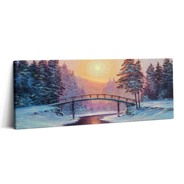 Canvas kép 125x50 Festmény - híd a folyó felett és téli naplemente