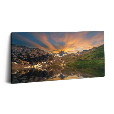 Vászonkép 140x70 Hegyi tó és naplemente