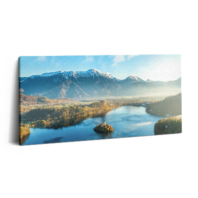 Vászonkép 140x70 Épület a hegyekben lévő tavon