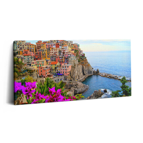 Vászonkép 140x70 Virágok és Cinque Terre olaszországi partvonala