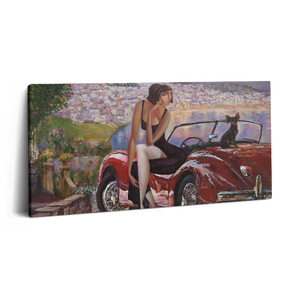 Vászonkép 140x70 Retro autó és nő kutyával az autóban