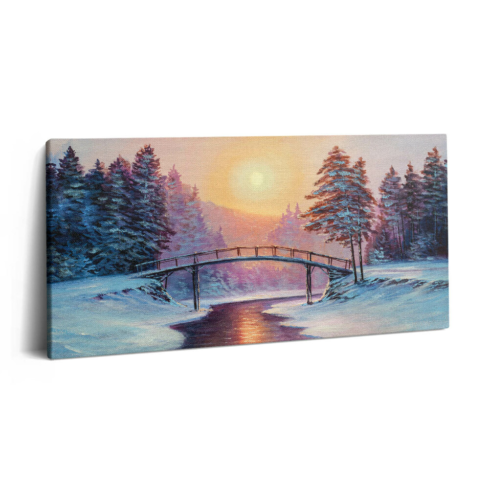 Vászonkép 140x70 Festmény - híd a folyó felett és téli naplemente