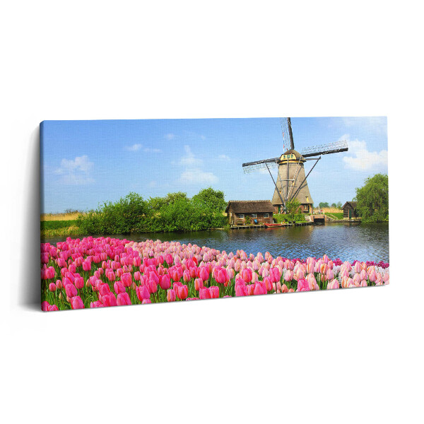 Vászonkép 140x70 Holland szélmalom virágokkal