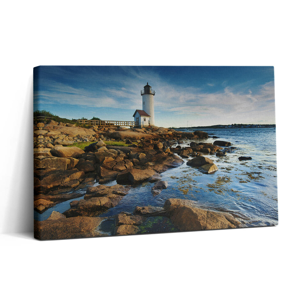 Vászonkép nyomtatás 30x20 Tájkép világítótorony sziklákkal és égbolt