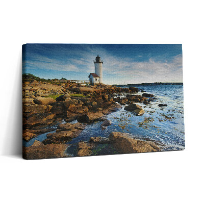 Vászonkép nyomtatás 30x20 Tájkép világítótorony sziklákkal és égbolt