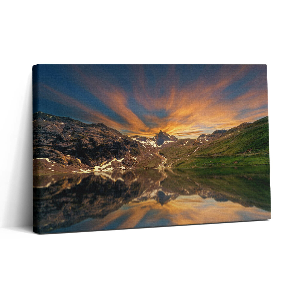 Vászonkép nyomtatás 30x20 Hegyi tó és naplemente