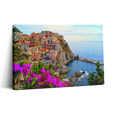 Vászonkép nyomtatás 30x20 Virágok és Cinque Terre olaszországi partvonala