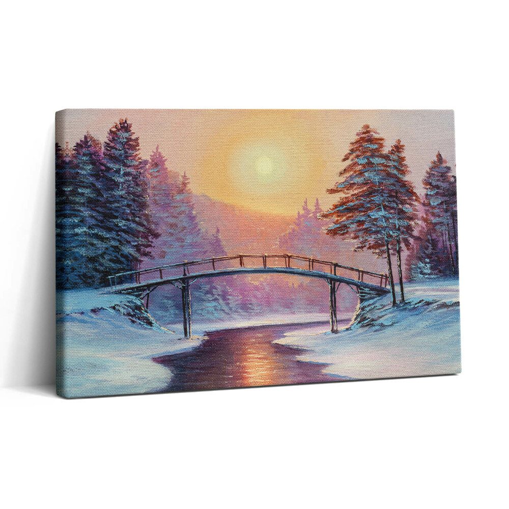 Vászonkép nyomtatás 30x20 Festmény - híd a folyó felett és téli naplemente