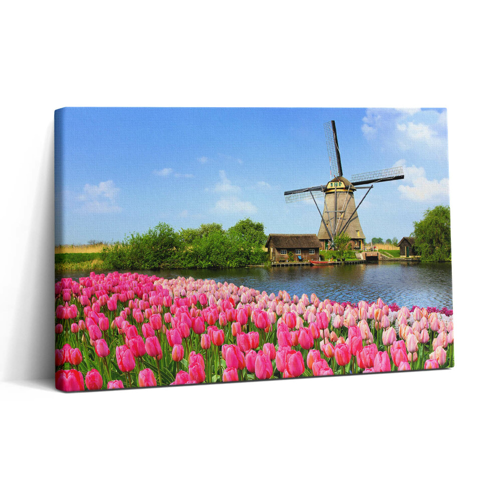 Vászonkép nyomtatás 30x20 Holland szélmalom virágokkal