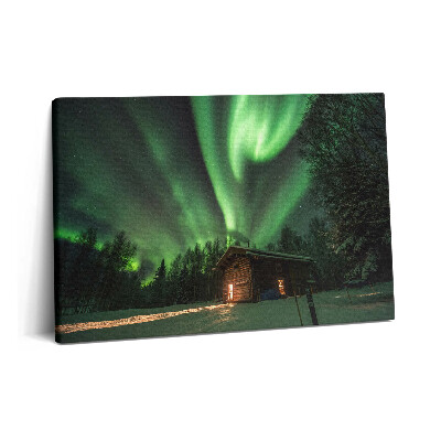 Canvas kép 60x40 Sarki fény és egy ház az erdőben