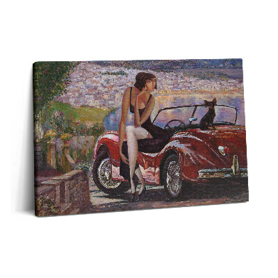 Canvas kép 60x40 Retro autó és nő kutyával az autóban