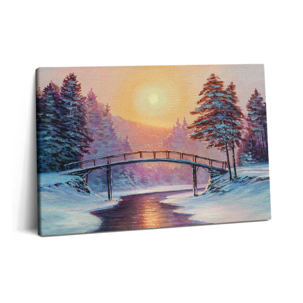 Canvas kép 60x40 Festmény - híd a folyó felett és téli naplemente