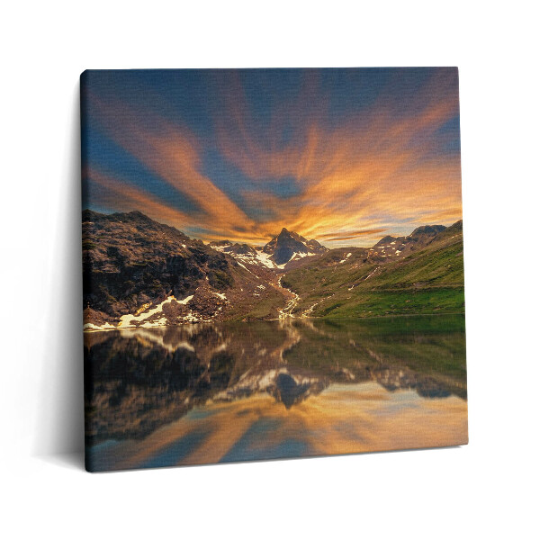 Vászonkép 60x60 Hegyi tó és naplemente